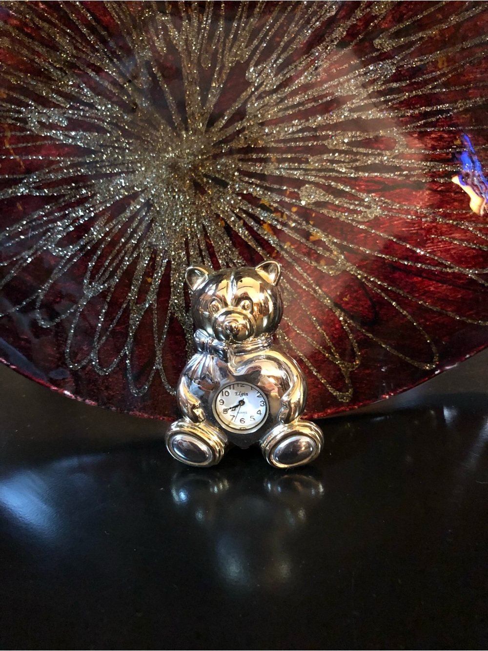 Vintage Elgin Teddy Bear Mini Quartz Clock Gold Silver Tone